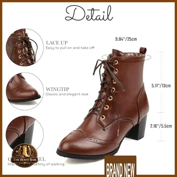 Chunky Heel Ankle Boots Lace Up Side Zip Dress Shoes Elegant Chic Retro - Picture 4 of 7